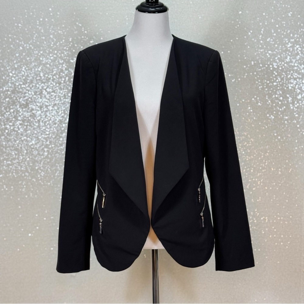 Vince Camuto Black Open Front Blazer Jacket Zip Pocket Career Work Office Womens - Picture 8 of 13